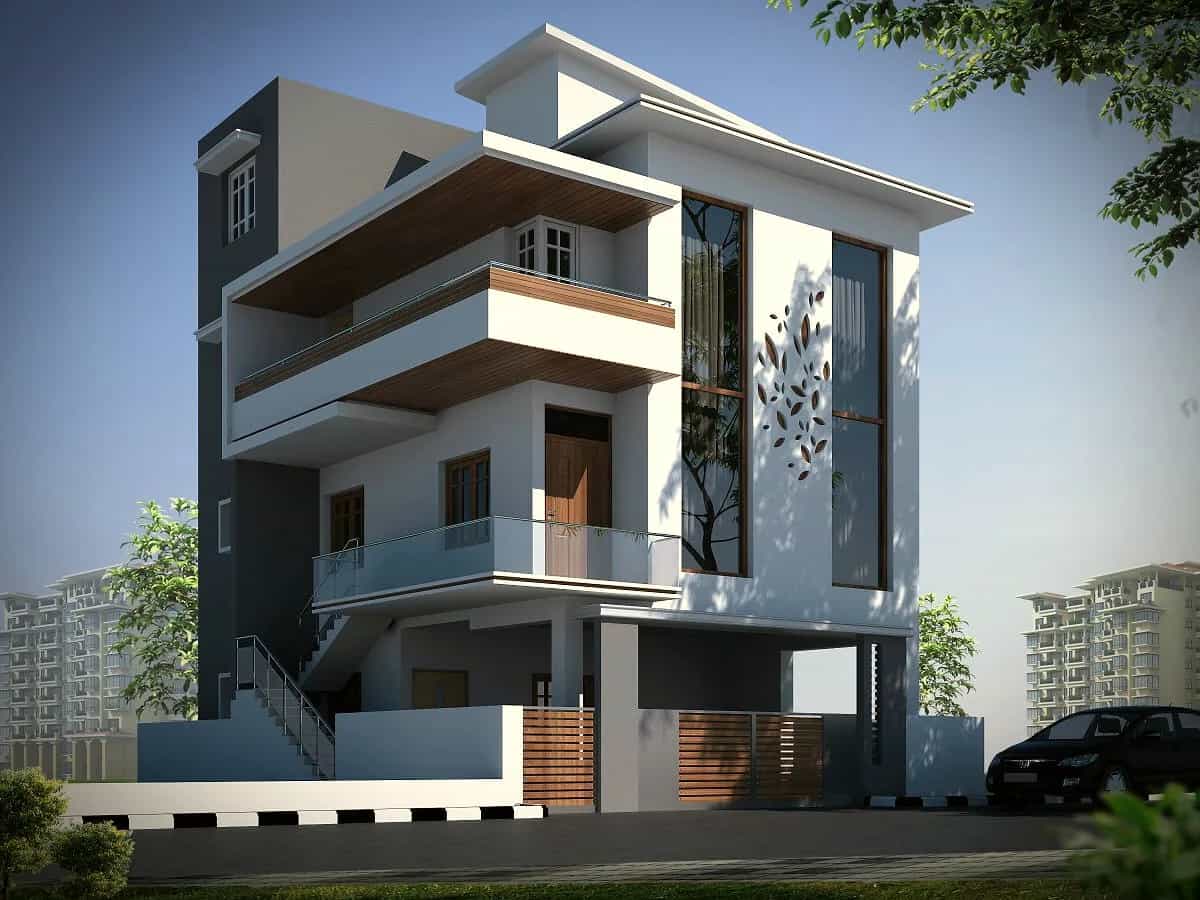 3D elevation of a four-storey residence with a white and grey facade